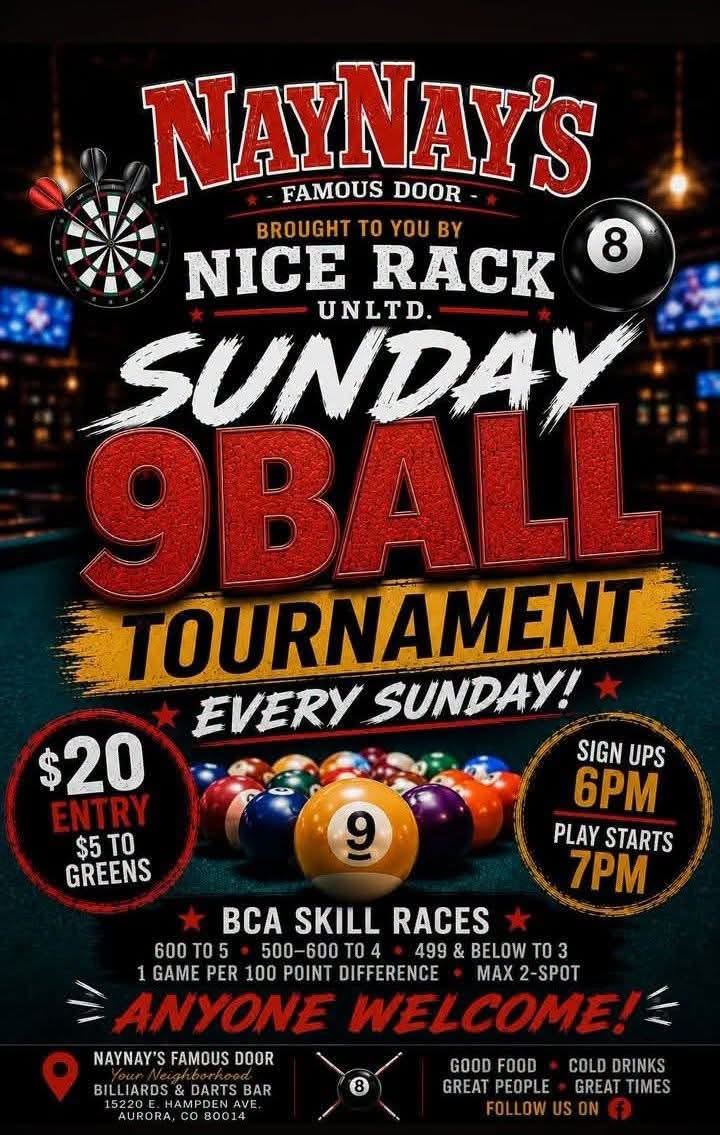 Sunday Night 9-Ball Tournament flyer — $20 entry, sign-ups 6 PM, starts 7 PM, Fargo races
